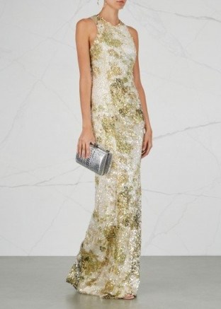 GALVAN Chartreuse and white sequinned gown - flipped