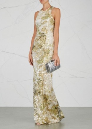GALVAN Chartreuse and white sequinned gown