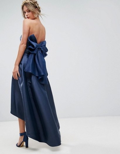 Chi Chi London Bandeau Midi Dress with Exaggerated Bow Back ~ navy-blue satin style occasion dresses - flipped