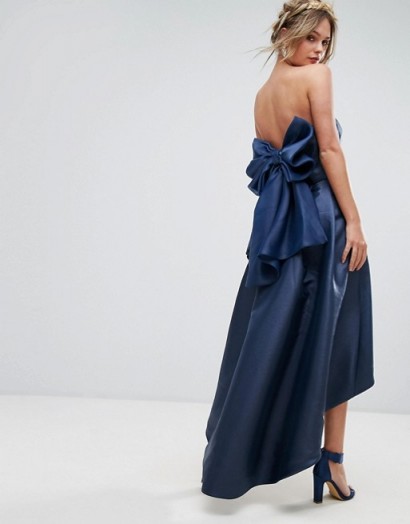 Chi Chi London Bandeau Midi Dress with Exaggerated Bow Back ~ navy-blue satin style occasion dresses