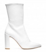 Bella Hadid white leather pointed toe ankle boots, Stuart Weitzman THE CLINGER BOOTIE, out in Paris during Haute Couture Fashion Week, 4 July 2017. Models off duty fashion | star style booties | celebrity footwear
