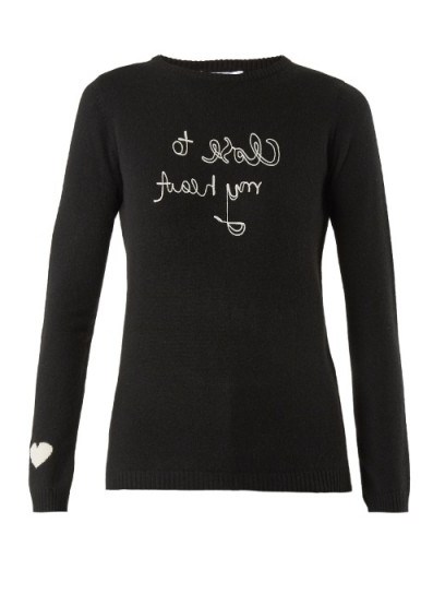 BELLA FREUD Close To My Heart cashmere sweater ~ black sweaters ~ slogan knitwear ~ crew neck jumpers - flipped