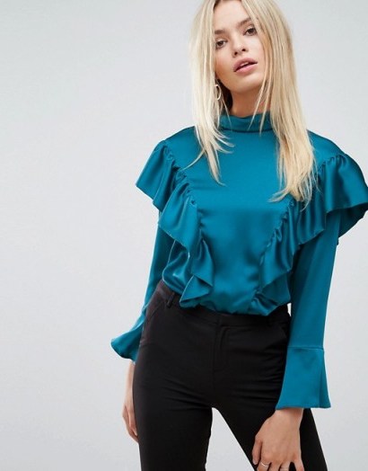 Closet Blouse in Satin with Frill Detail ~ luxe teal blouses - flipped