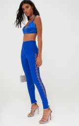 Pretty Little Thing COBALT LACE UP SIDE CIGARETTE TROUSERS ~ blue skinny going out pants