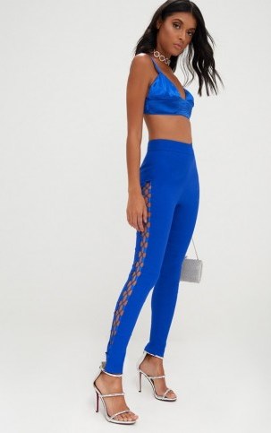Pretty Little Thing COBALT LACE UP SIDE CIGARETTE TROUSERS ~ blue skinny going out pants - flipped