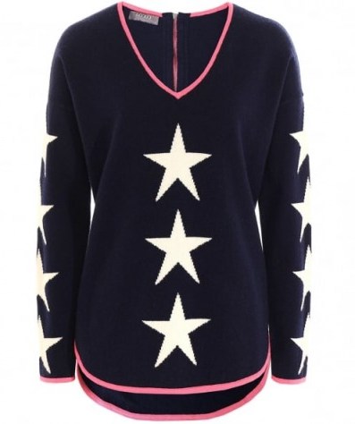 COCOA CASHMERE Star Print Cashmere Jumper | navy V-neck jumpers | knitwear - flipped