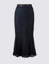 PER UNA Cotton Blend Flared Lace Pencil Midi Skirt / M&S navy skirts / Marks and Spencer