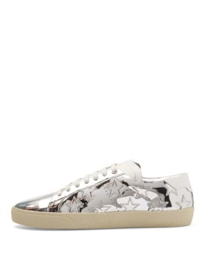 SAINT LAURENT Court Classic star-applique leather trainers ~ metallic-silver sneakers - flipped