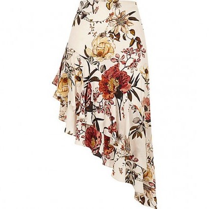 River Island Cream floral print asymmetric frill hem skirt – summer skirts - flipped