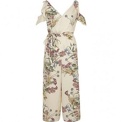 River Island Cream floral print frill culotte jumpsuit – cold shoulder jumpsuits – summer parties - flipped