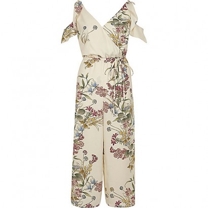 River Island Cream floral print frill culotte jumpsuit – cold shoulder jumpsuits – summer parties