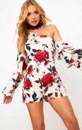 pretty little thing CREAM FLORAL RUFFLE ONE SHOULDER PLAYSUIT