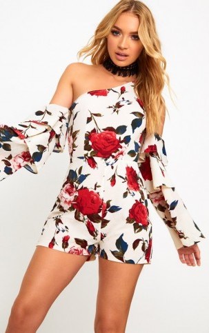 pretty little thing CREAM FLORAL RUFFLE ONE SHOULDER PLAYSUIT - flipped