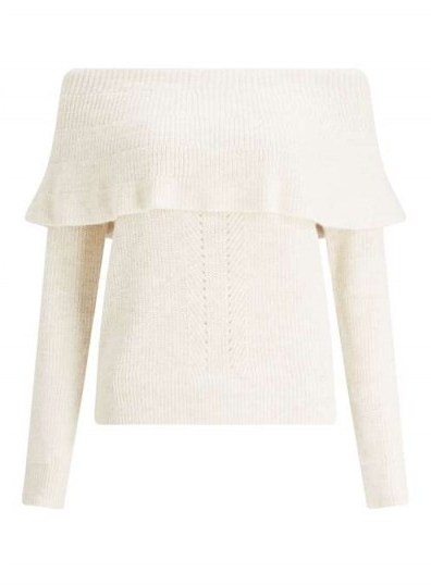 Miss Selfridge Cream Flounce Bardot Jumper | off the shoulder jumpers | neutral knitwear - flipped