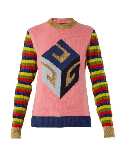GUCCI Cube-intarsia striped wool-blend knit sweater ~ statement sweaters ~ luxe knitwear - flipped