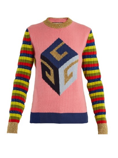 GUCCI Cube-intarsia striped wool-blend knit sweater ~ statement sweaters ~ luxe knitwear