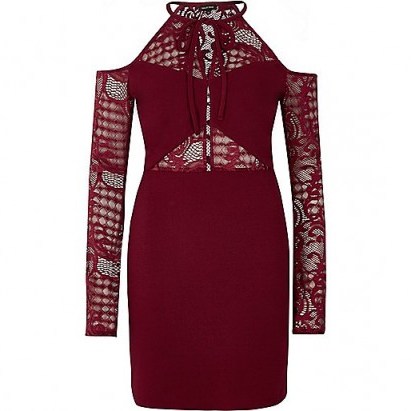 River Island Dark red cold shoulder lace panel dress - flipped