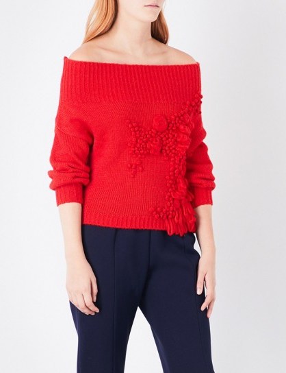 DELPOZO Textured off-the-shoulder jumper | red bardot jumpers | statement knitwear - flipped