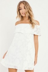 DIONA WHITE FLORAL BURNOUT BARDOT FRILL DRESS – off the shoulder summer dresses