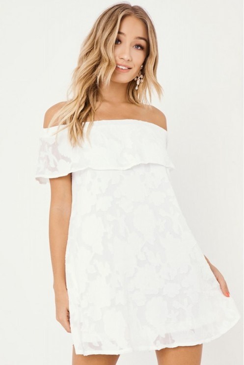 DIONA WHITE FLORAL BURNOUT BARDOT FRILL DRESS – off the shoulder summer dresses - flipped