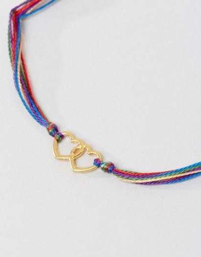 Dogeared Gold Plated Linked Hearts on Rainbow Silk Adjustable Bracelet - flipped