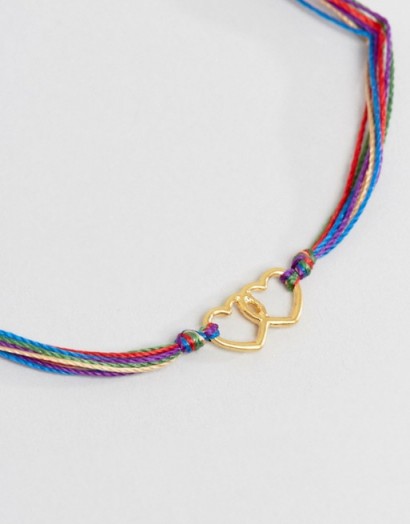 Dogeared Gold Plated Linked Hearts on Rainbow Silk Adjustable Bracelet