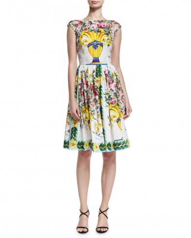 Dolce & Gabbana Floral Vase Cap-Sleeve Fit & Flare Dress