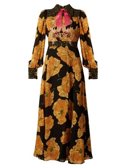 GUCCI Dragon-embroidered poppy-print crepe dress ~ long luxe dresses - flipped
