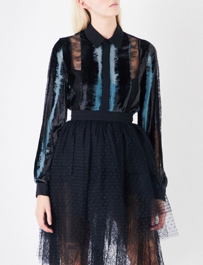 ELIE SAAB Striped velvet, chiffon and floral-lace shirt ~ semi sheer shirts - flipped