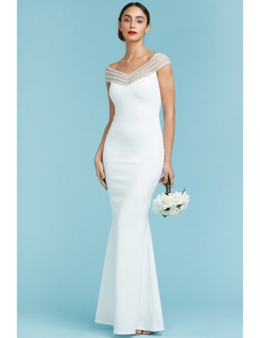 GODDIVA Embellished Neckline Maxi Wedding Dress White – elegant bridal dresses - flipped