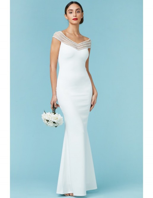 GODDIVA Embellished Neckline Maxi Wedding Dress White – elegant bridal dresses