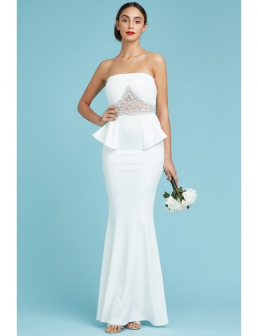 GODDIVA Embellished Peplum Maxi Wedding Dress White – strapless bridal dresses – occasion gowns - flipped