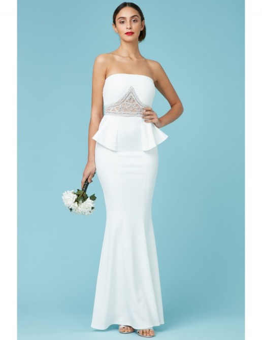 GODDIVA Embellished Peplum Maxi Wedding Dress White – strapless bridal dresses – occasion gowns