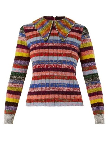 GUCCI Embellished-collar striped wool-blend sweater - flipped