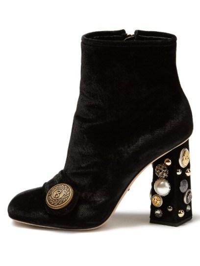 DOLCE & GABBANA Embellished-heel velvet ankle boots - flipped