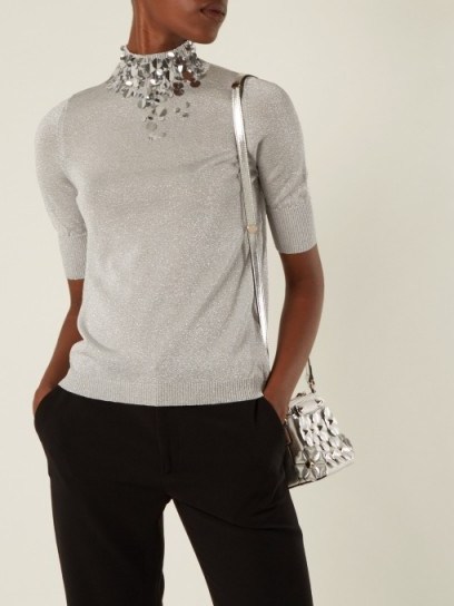 DELPOZO Embellished-neck knit top ~ silver metallic knitwear ~ luxe jumpers - flipped