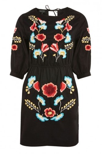Embroidered Blouson Sleeve Shift Dress – black floral summer dresses - flipped