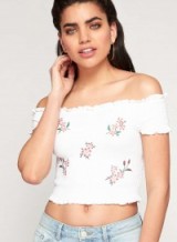 Miss Selfridge Embroidered Shirred Bardot Crop Top – white off the shoulder tops – cropped