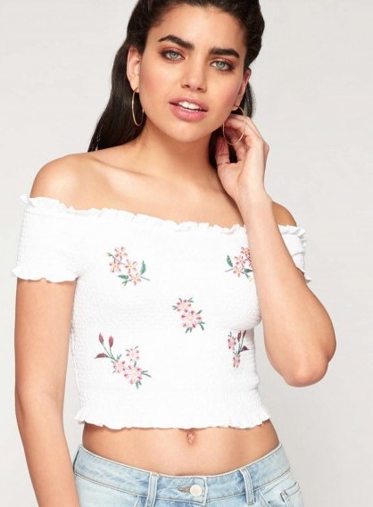 Miss Selfridge Embroidered Shirred Bardot Crop Top – white off the shoulder tops – cropped - flipped