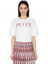 EMILIO PUCCI GLITTER LOGO PRINT COTTON JERSEY T-SHIRT | white designer tees | embellished t-shirts