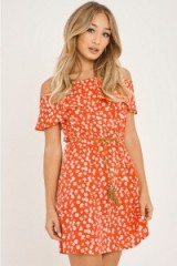 in the style FABRIZIO RED FLORAL BARDOT FRILL DRESS – off the shoulder dresses