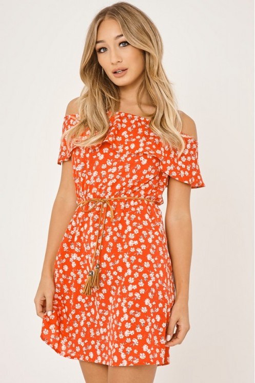 in the style FABRIZIO RED FLORAL BARDOT FRILL DRESS – off the shoulder dresses - flipped