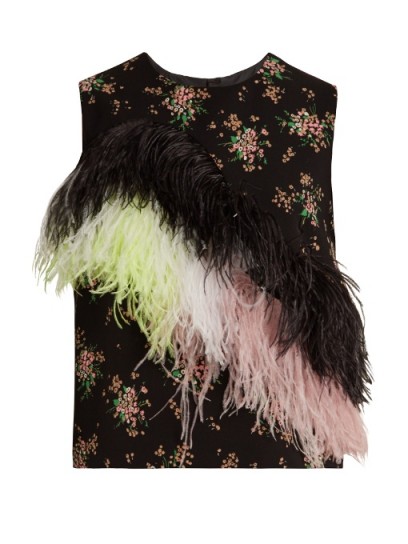 MSGM Feather-embellished floral-print crepe top