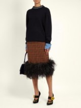 PRADA Feather-trimmed checked wool pencil skirt ~ statement skirts
