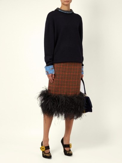 PRADA Feather-trimmed checked wool pencil skirt ~ statement skirts - flipped