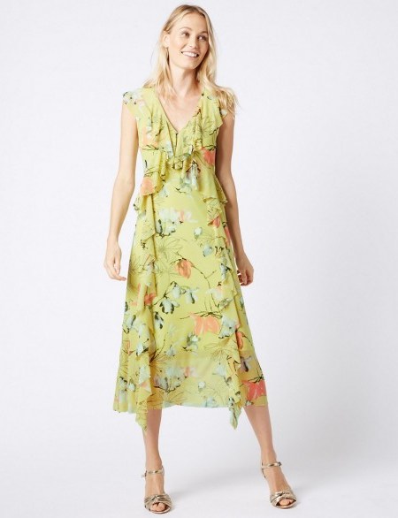 M&S COLLECTION Floral Print Mesh Swing Midi Dress / green dresses / Marks and Spencer - flipped