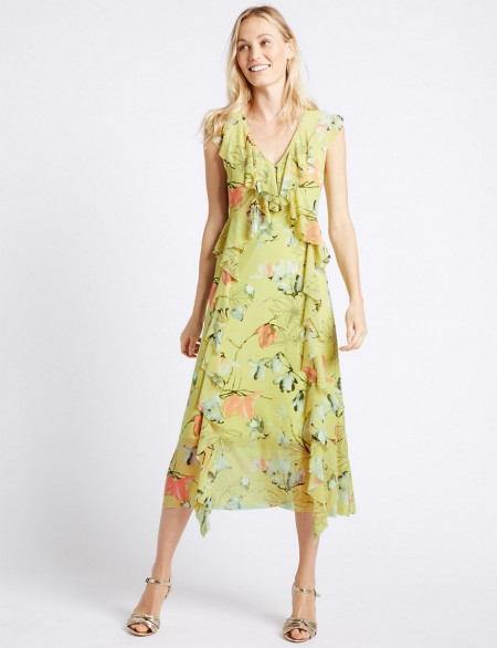 M&S COLLECTION Floral Print Mesh Swing Midi Dress / green dresses / Marks and Spencer