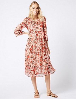 M&S COLLECTION Floral Print Tiered 3/4 Sleeve Midi Dress / Marks and Spencer dresses - flipped