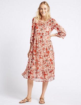 M&S COLLECTION Floral Print Tiered 3/4 Sleeve Midi Dress / Marks and Spencer dresses