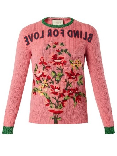 GUCCI Floral-embroidered Blind For Love ribbed-knit wool sweater - flipped